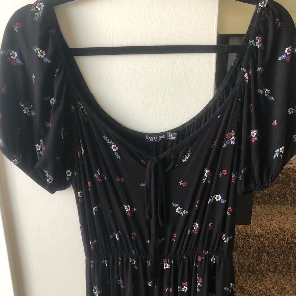 Maxi-dress; black with flower detailing; size 8